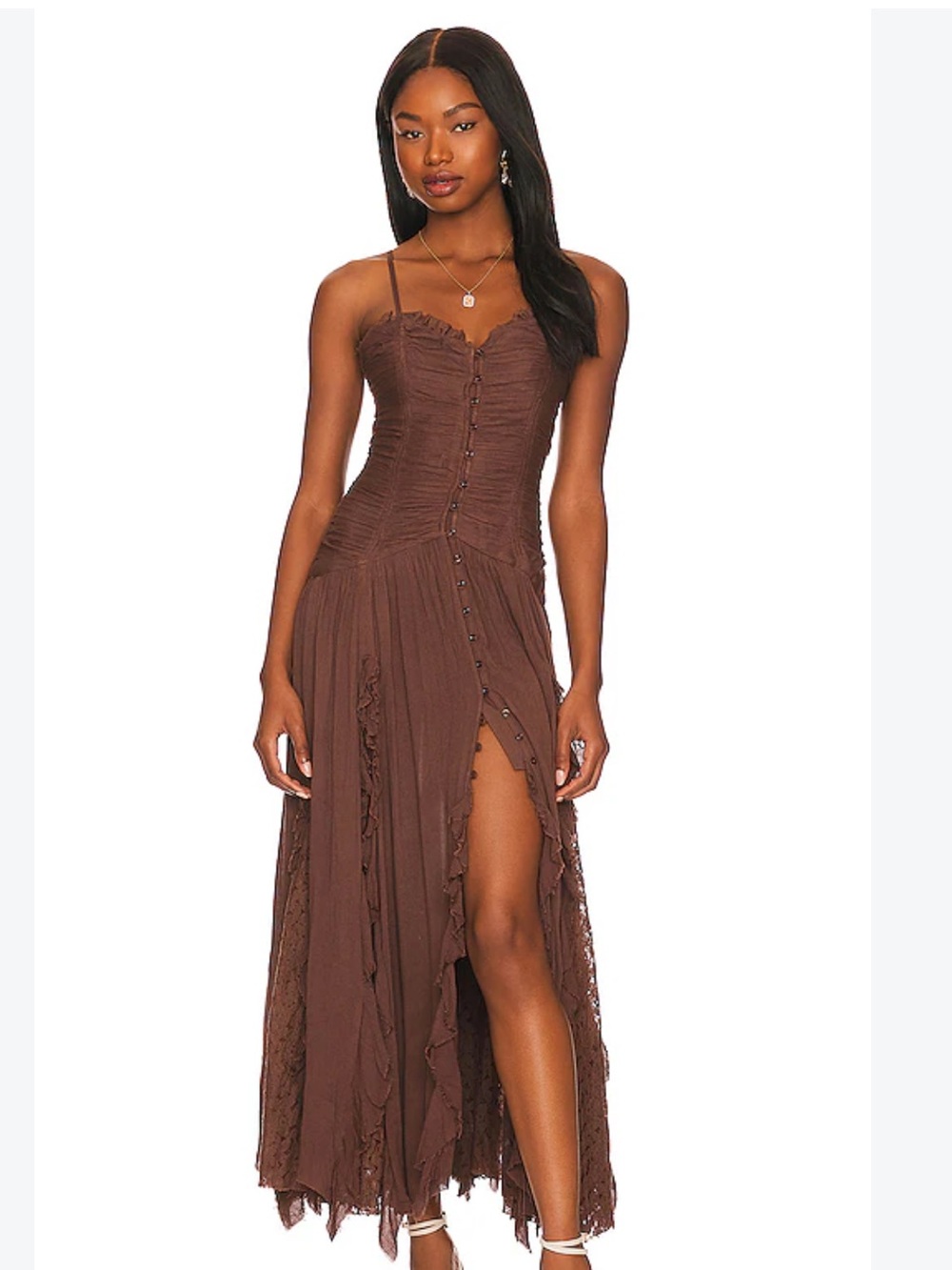 Free People.  Size 2. Brown Spaghetti-Strap Ruching Midi Dress